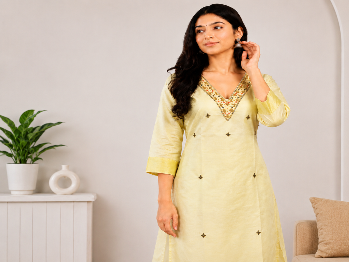 Women's Light Yellow Embroidered Cotton Blend Straight Kurti