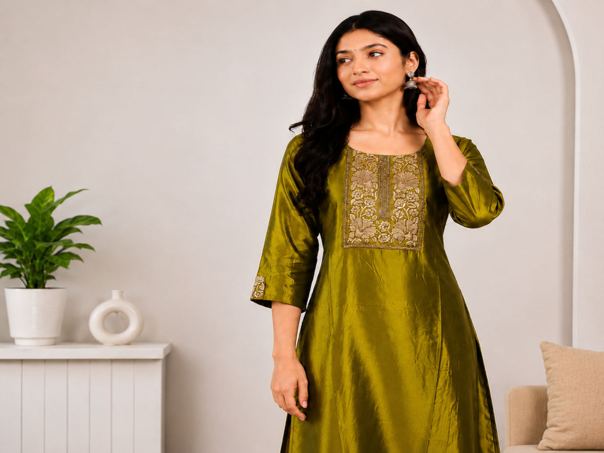 Women's Olive Green Embroidered Straight Kurti
